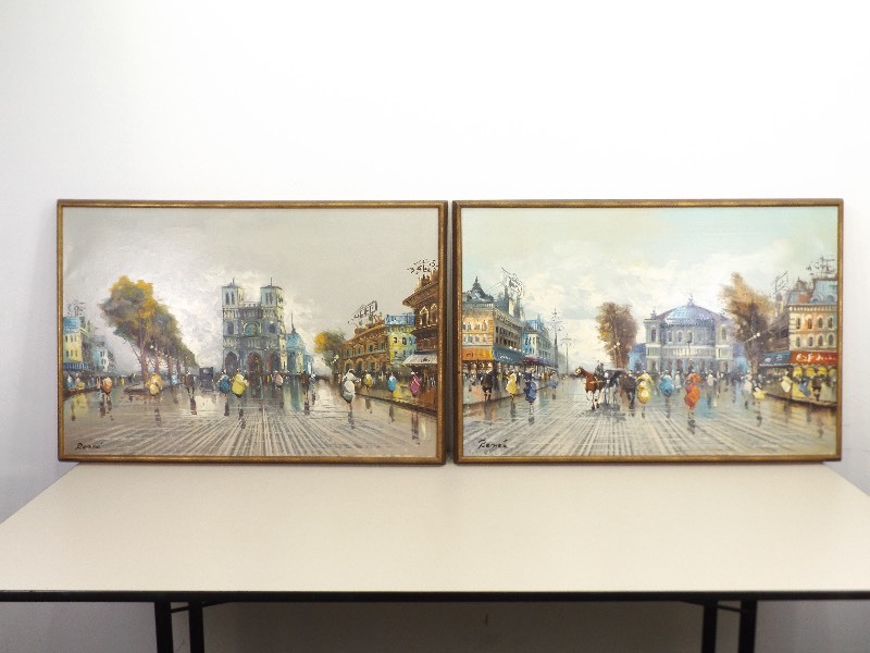 2 Framed Oil On Canvas Painting of Old Paris Street Scenery