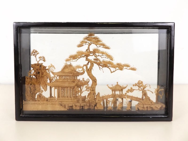 Wood Framed Asian Balsa Wood Carving