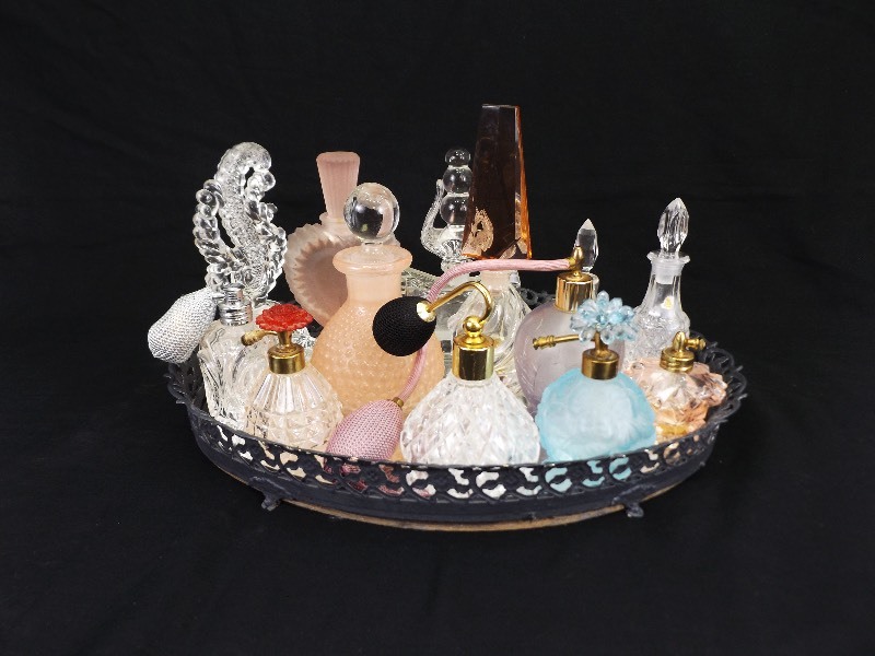 Vanity Tray full of Vintage Crystal and Glass Perfume Bottles