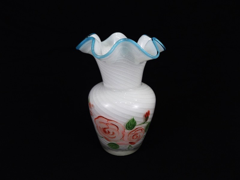 Vintage Murano Hand Painted White Swirl Ruffled Rose Vase