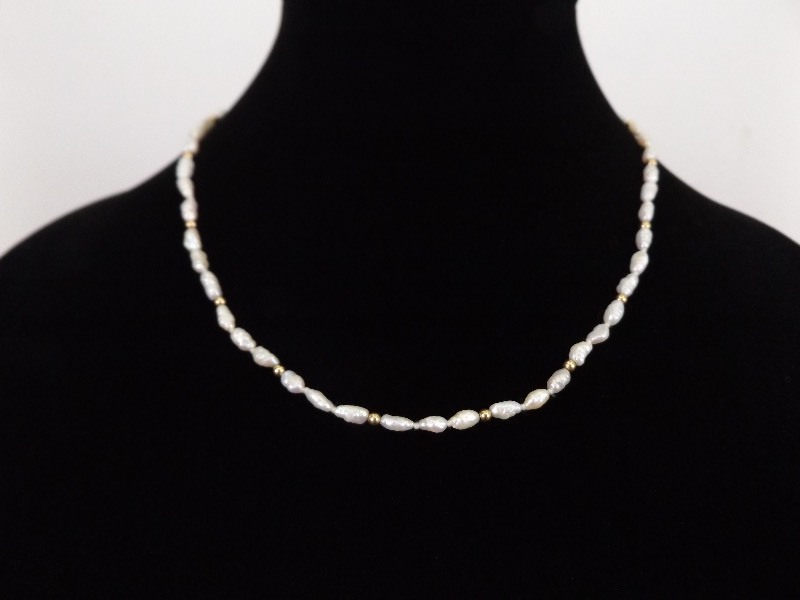 14k Yellow Gold Clasp and Bead Accented Baroque Pearl Necklace