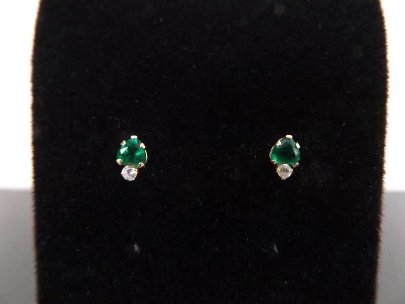10k Yellow Gold Emerald and Diamond Stud Earrings&nbsp