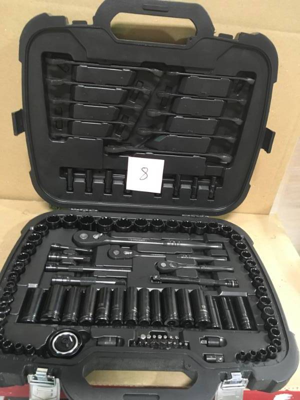 lot 8 image: Husky 14 in., 38 in. and 12 in. Drive 100-Position Universal SAE and Metric Mechanics Tool Set (105-Piece) Missing pcs