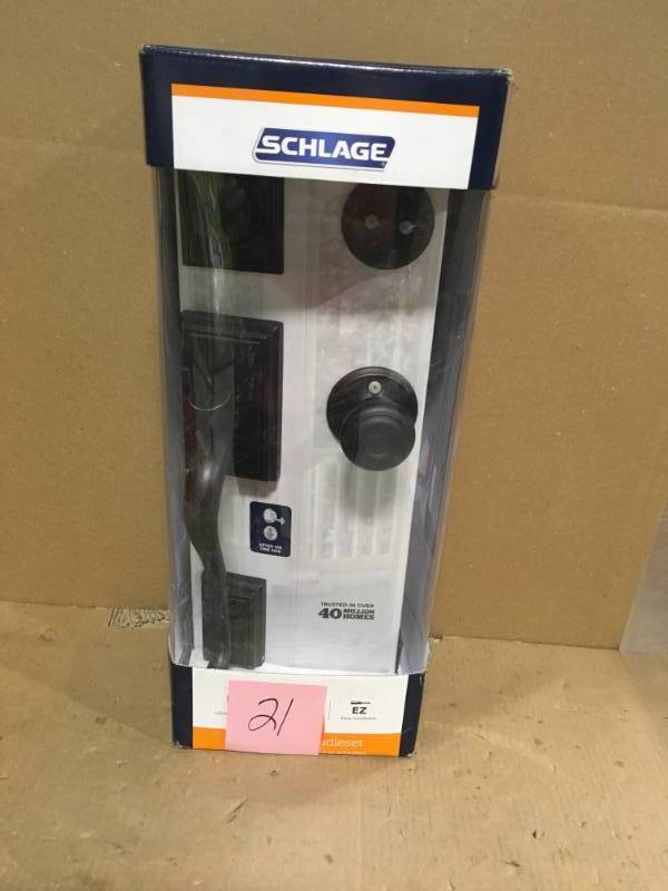 lot 21 image: Schlage Addison Aged Bronze Single Cylinder Deadbolt with Georgian Knob Door Handleset in good condition