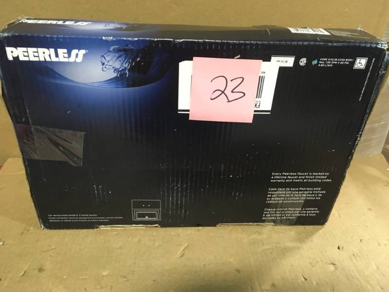 lot 23 image: Peerless Choice 2-Handle Wall Mount Kitchen Faucet in Chrome in good condition