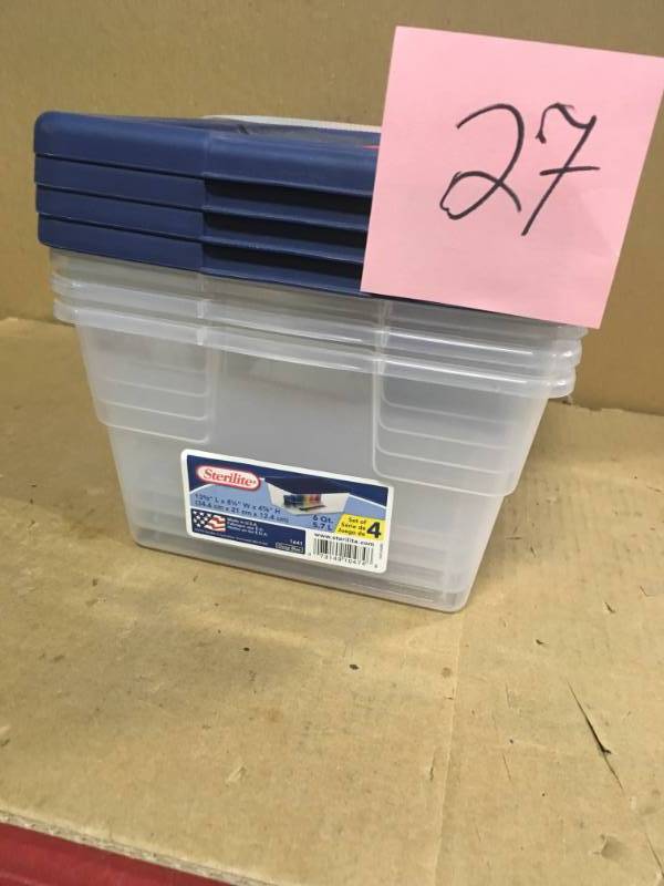 lot 27 image: Sterilite 6 Qt. Storage Box (Set of 4) in good condition