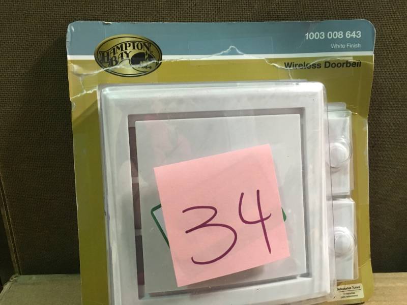 lot 34 image: Hampton Bay Wireless Battery Operated Door Bell Kit with 2-Push Buttons in White in good condition