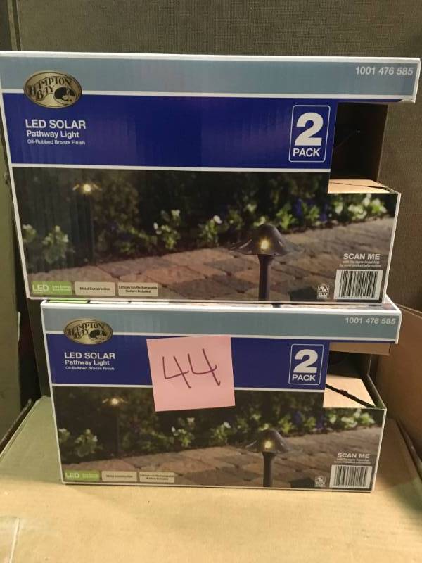 lot 44 image: Hampton Bay Solar Oil Rubbed Bronze Outdoor Integrated LED Mushroom Landscape Path Light with Remote Solar Panel set of 2 boxes