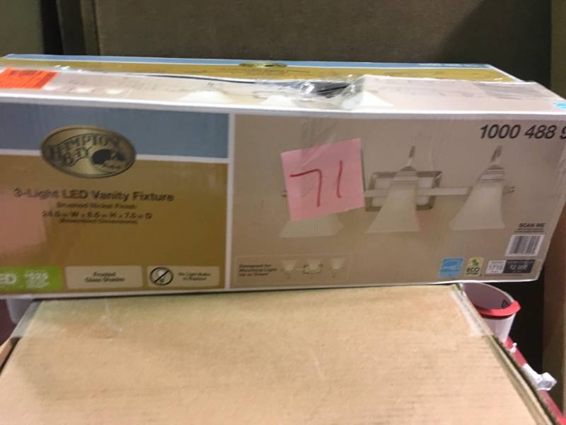 lot 71 image: Hampton Bay 120-Watt Equivalent 3-Light Brushed Nickel Integrated LED Vanity Light in good condition