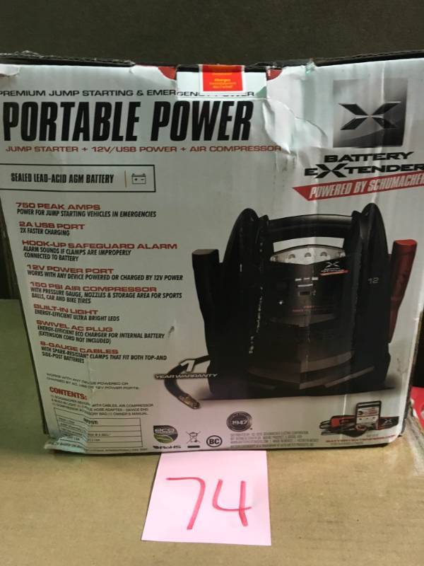 lot 74 image: Schumacher Battery Extender 12-Volt, 750 Amp Battery Jump Starter in good condition