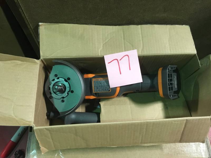 lot 77 image: RIDGID 18-Volt OCTANE Cordless Brushless 4-12 in. Angle Grinder (Tool-Only) in good condition