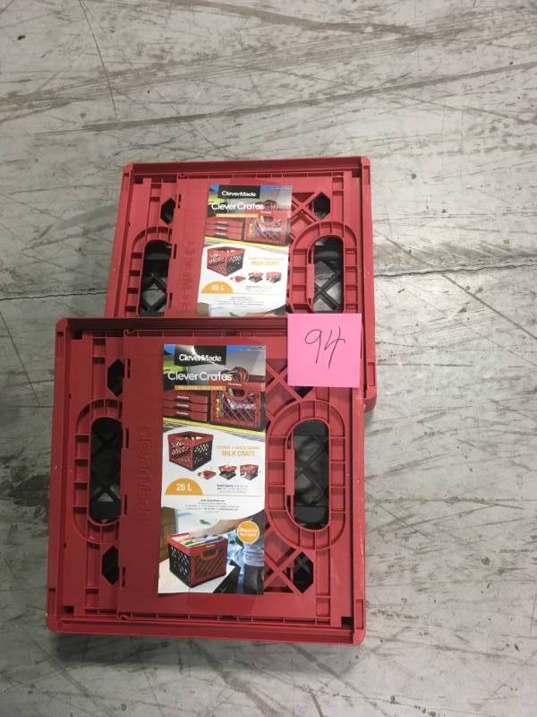 lot 94 image: CleverMade Collapsible Milk Crates, 25L Plastic Stackable Storage Bins Red QTY 2 in good condition
