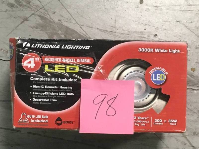 lot 98 image: Lithonia Lighting 4 in. Brushed Nickel Integrated LED Recessed Kit Gimbal Lamped in good condition