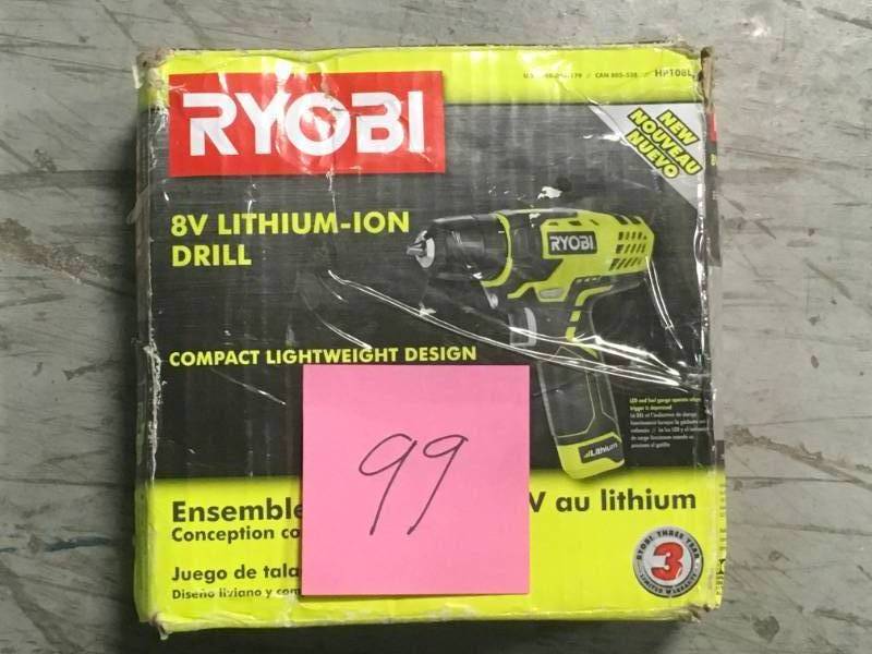 lot 99 image: RYOBI 8-Volt Lithium-Ion Cordless Drill Kit with Charger in good condition