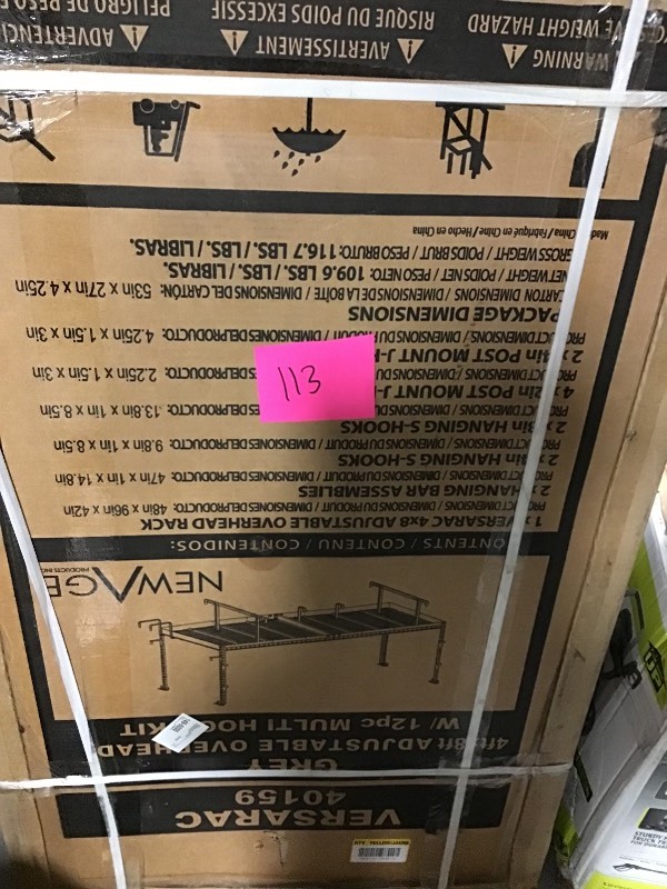 lot 113 image: NewAge Products VersaRac 42 in. H x 48 in. W x 96 in. D Adjustable Height Garage Ceiling Mounted Storage Unit in Gray w12-Piece Hooks in good conditions