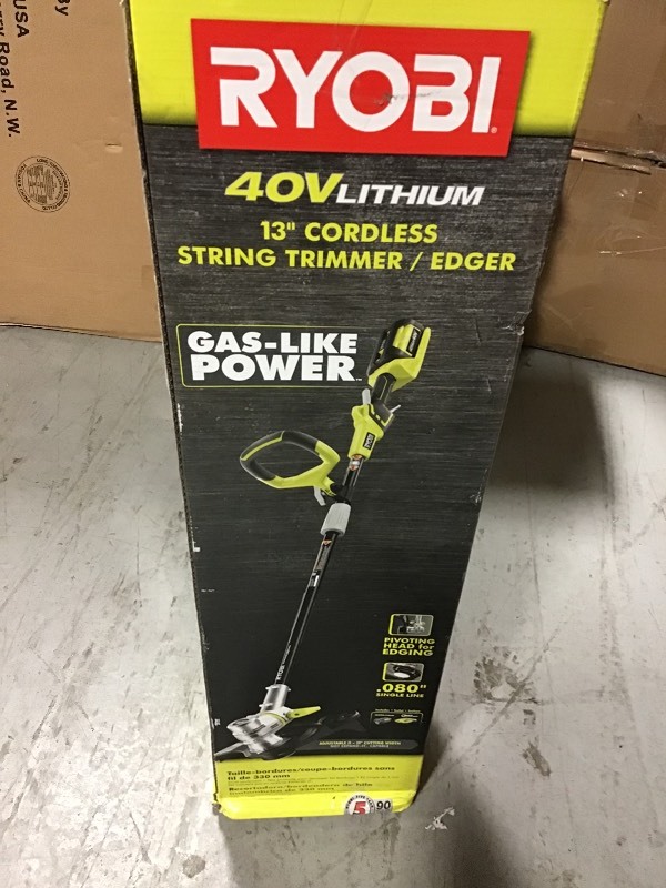 lot 104 image: RYOBI 40-Volt Lithium-Ion Cordless String TrimmerEdger - 2.6 Ah Battery and Charger Included in good conditions