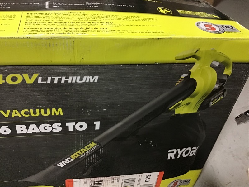 lot 107 image: RYOBI 40-Volt Lithium-Ion Cordless Leaf VacuumMulcher- 4.0 Ah Battery and Charger Included in working conditions