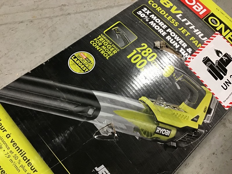 lot 114 image: RYOBI ONE 100 MPH 280 CFM Variable-Speed 18-Volt Lithium-Ion Cordless Jet Fan Leaf Blower 4Ah Battery and Charger Included in working conditions