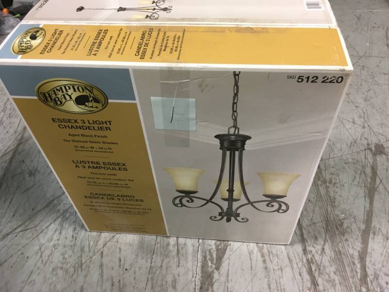 lot 1 image: Hampton Bay Essex 3-Light Aged Black Chandelier with Tea Stained Glass Shades not used