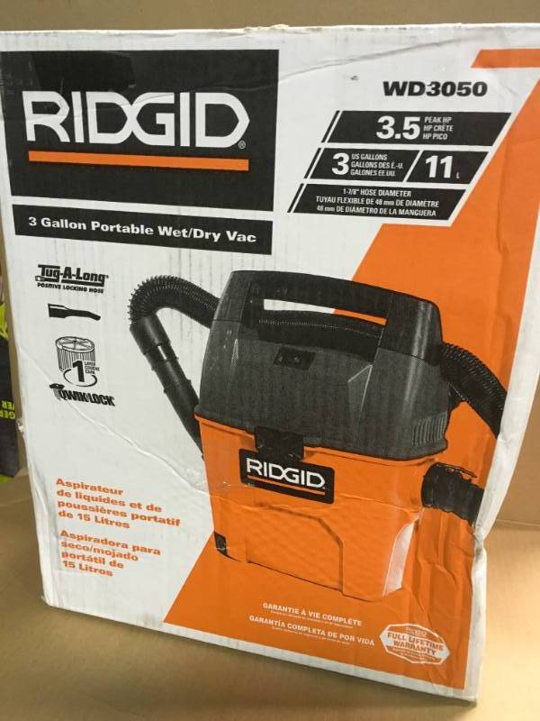 lot 8 image: RIDGID 3 Gal. 3.5-Peak HP Portable Pro WetDry Vacuum in good condition