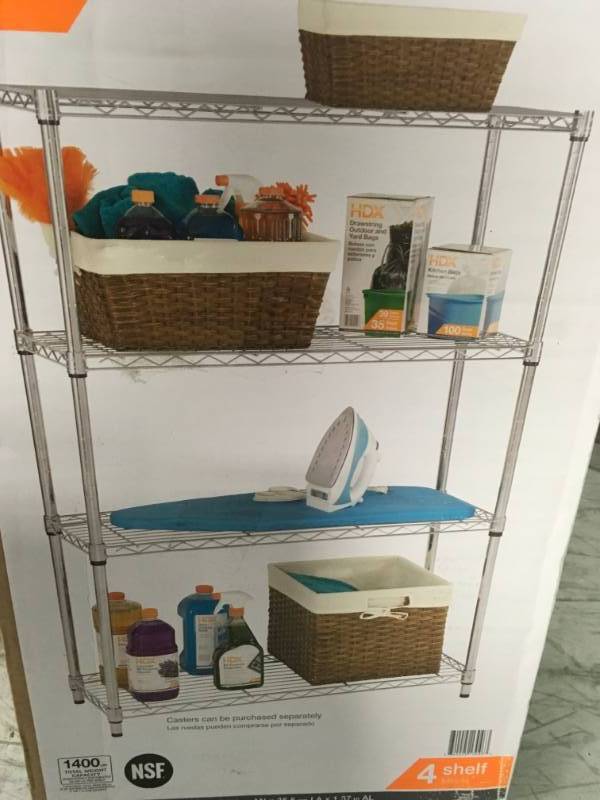 lot 14 image: 54 in. H x 36 in. W x 14 in. D 4 Shelf Wire Unit in Chrome by HDX in good condition