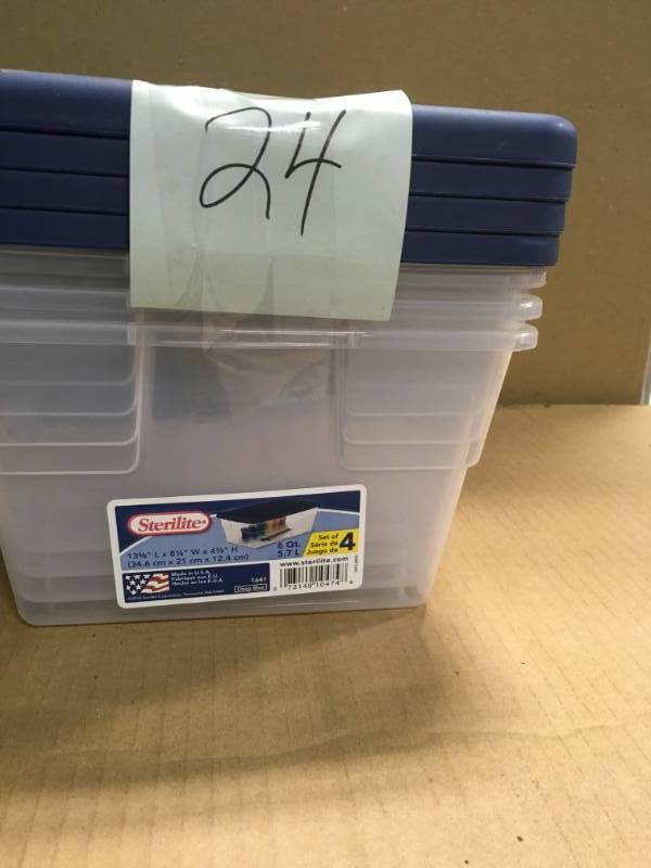 lot 24 image: Sterilite 1641 6-Qt Storage Box. Clear with Blue Lid Pack of 4 in good condition