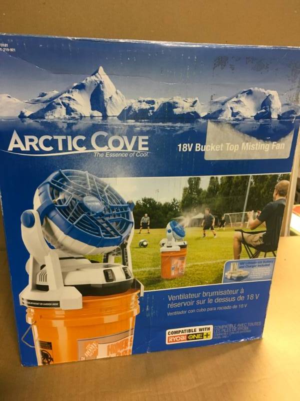 lot 27 image: Arctic Cove 18-Volt 2 Speed Misting Bucket Top Fan in good condition