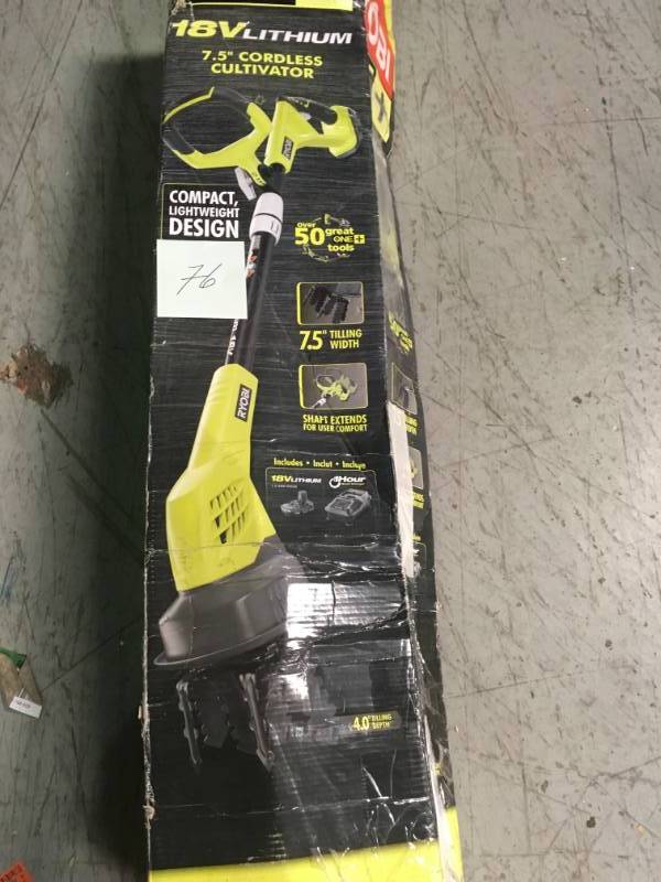 lot 76 image: Ryobi ZRP2701 One Plus 18V Cordless Lithium-Ion Cultivator LIGHTLY USED in good condition