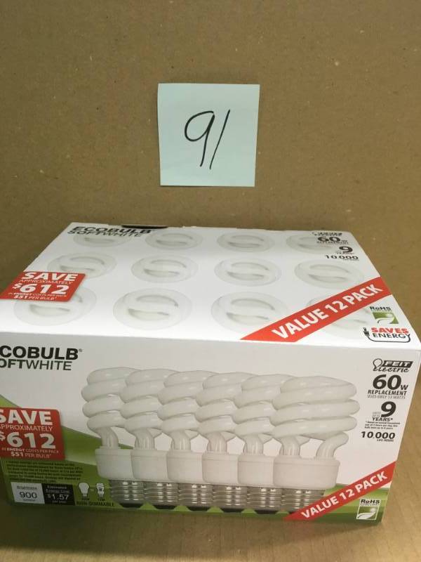 lot 91 image: Feit Electric 60-Watt Equivalent Soft White A19 Spiral CFL Light Bulb (12-Pack) in good condition