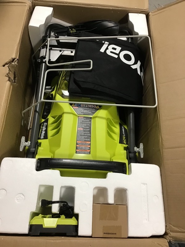 lot 112 image: RYOBI 20 in. 40-Volt Brushless Lithium-Ion Cordless Battery Walk Behind Push Lawn Mower 5.0 Ah BatteryCharger Included in good conditions