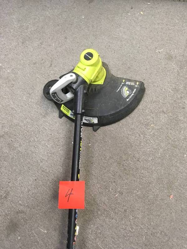 lot 4 image: RYOBI ONE 18-Volt Lithium-Ion Cordless Electric String TrimmerEdger Battery and Charger Not Included  in good condition