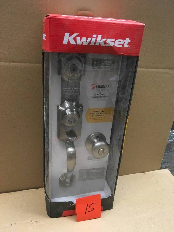 lot 15 image: Kwikset Montara Satin Nickel Single Cylinder Door Handleset with Juno Entry Door Knob Featuring SmartKey Security  in good condition