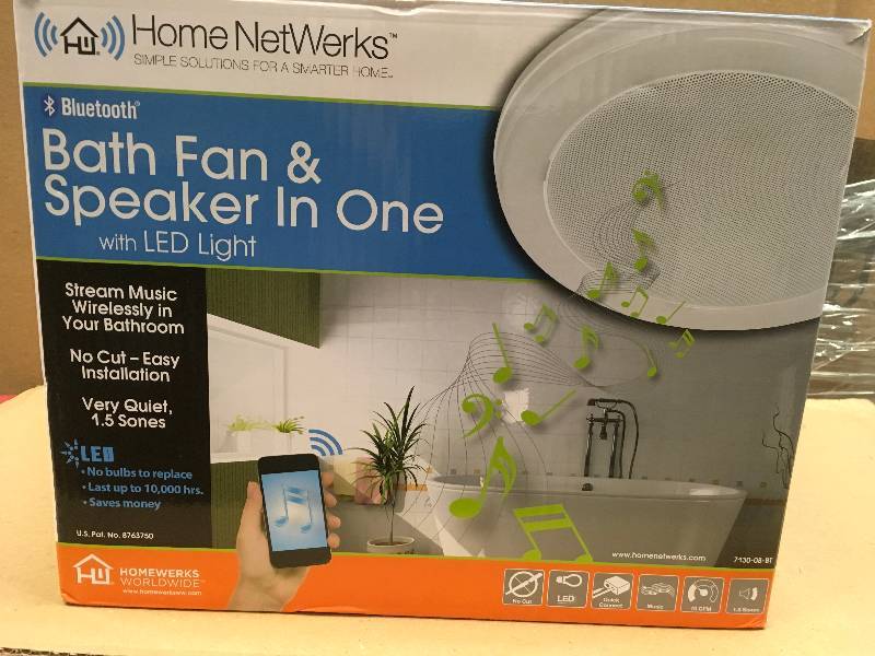 lot 39 image: Home Netwerks Decorative White 70 CFM Bluetooth Stereo Speaker Exhaust Bathroom Exhaust Fan with LED Light  in good condition