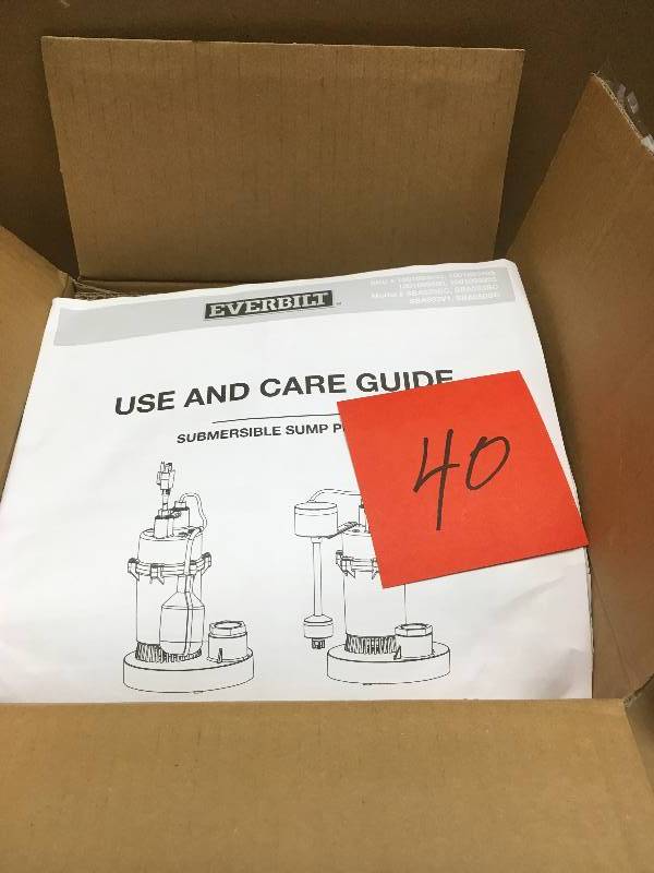 lot 40 image: Everbilt 13 HP Aluminum Submersible Sump Pump with Tether  in good condition