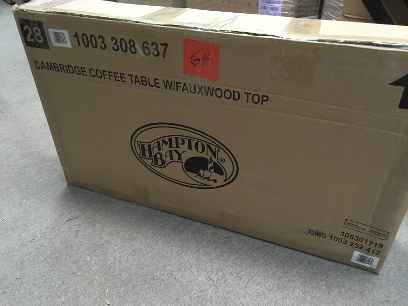 lot 64 image: Hampton Bay Cambridge Brown Rectangular Wicker Outdoor Coffee Table with Faux Wood Table Top  in good condition