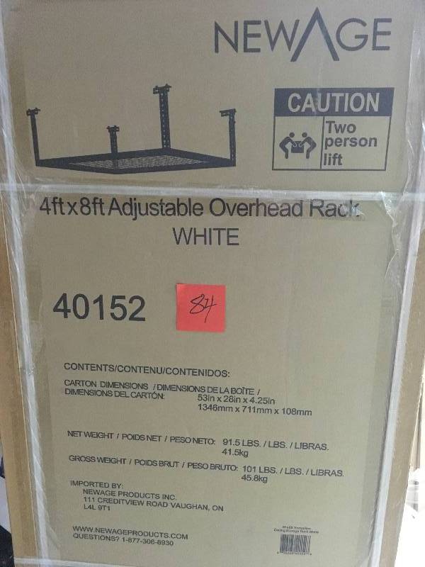 lot 84 image: NewAge Products Performance 96 in. L x 48 in. W x 42 in. H Adjustable VersaRac Ceiling Storage Rack in White QTY 2 not used