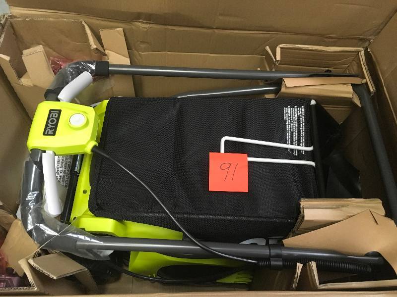 lot 91 image: RYOBI 16 in. ONE 18-Volt Lithium-Ion Cordless Battery Walk Behind Push Lawn Mower Two 4.0Ah BatteriesCharger Included  in good condition