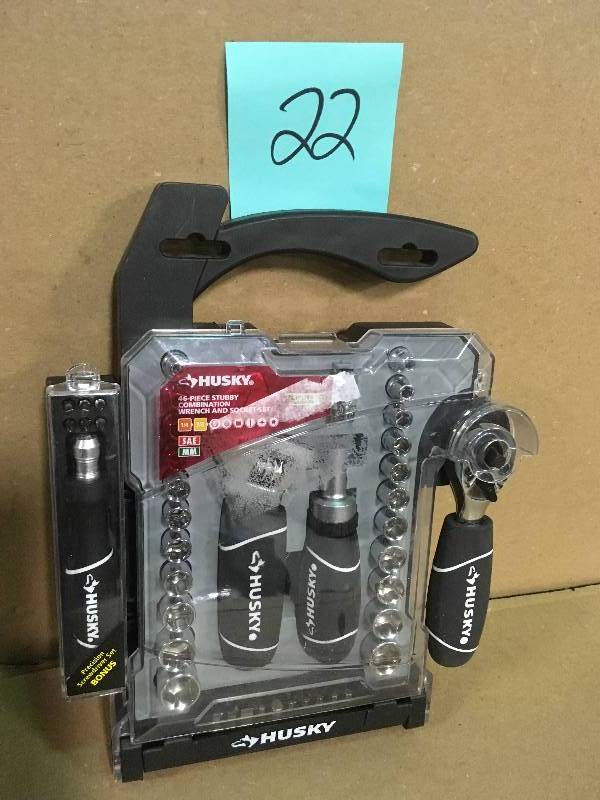 lot 22 image: Husky 14 in. and 38 in. Stubby Ratchet and Socket Set (46-Piece)  in good condition