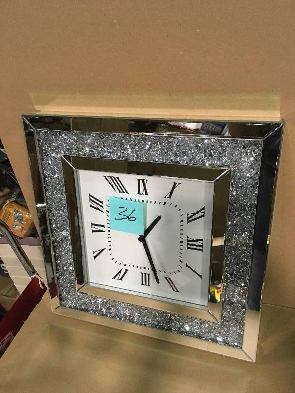 lot 36 image: Noralie Mirrored and Faux Diamonds Wall Clock by Acme Furniture SEE PICS SMALL CRACK