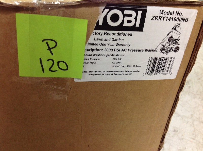 lot 120 image: RYOBI  Reconditioned 2,000 PSI 1.2 GPM Electric Pressure Washer  in good conditions