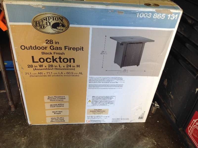 lot 126 image: Hampton Bay  28 in. Square Steel Gas Fire Pit with Burner and Table Lid  in good conditions