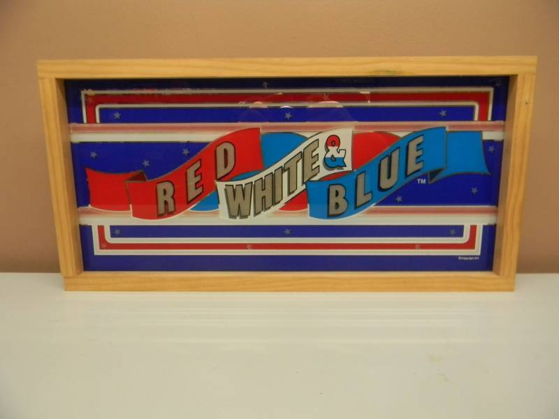 lot 3 image: VINTAGE RED WHITE & BLUE FRAMED SLOT BACK GLASS SIGN - NICE - APPROX 22 BY 11 - SEE PICTURES