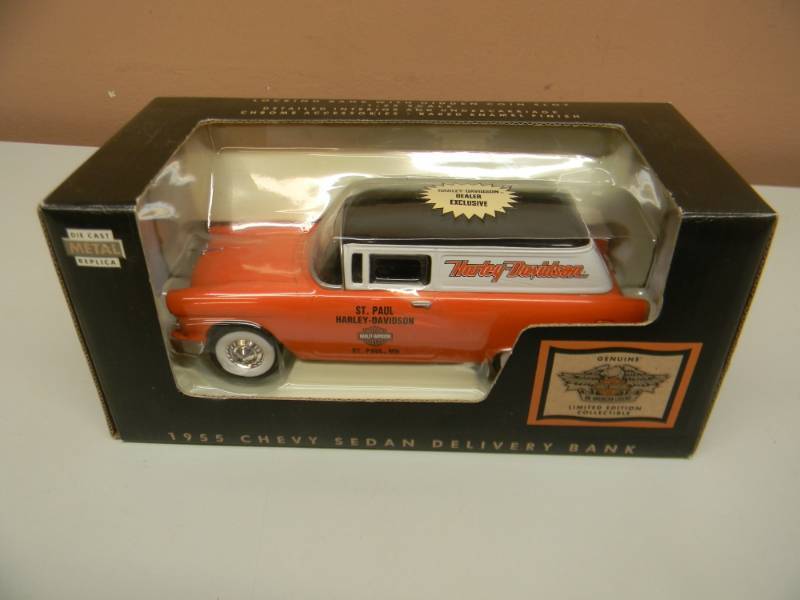 lot 6 image: 1955 CHEVY SEDAN DIE CAST REPLICA - ST PAUL HARLEY-DAVIDSON - DEALER EXCLUSIVE - NEW IN BOX - SEE PICTURES