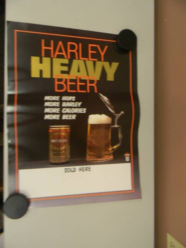 lot 22 image: VINTAGE HARLEY HEAVE BEER HARLEY-DAVIDSON MOTORCYCLES ADVERTISING POSTER - NOS - APPROX 18 BY 23 - SEE PICTURES
