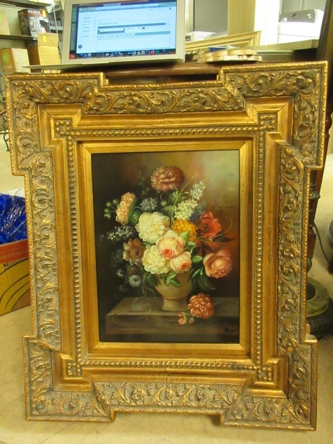 lot 125 image: ORNATELY FRAMED FLORAL PAINTING