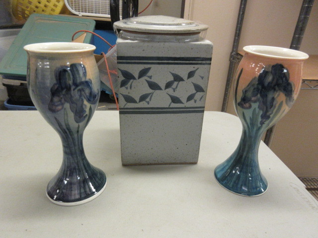 lot 138 image: POTTERY CANISTER AND IRIS GOBLETS