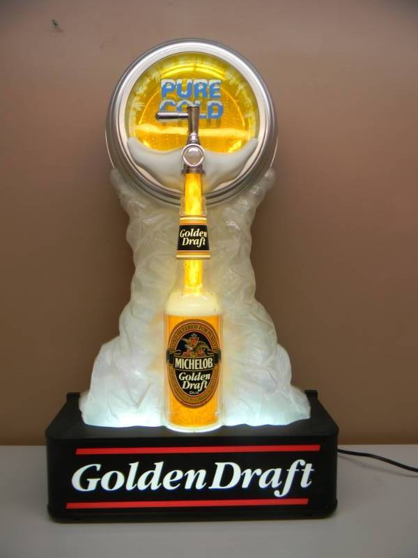 lot 1 image: LARGE APPROX 35 TALL - MICHELOB GOLDEN DRAFT MOTION POURING BOTTLE - WORKS - VERY COOL PIECE - SEE PICTURES