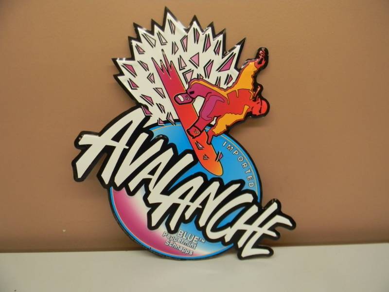 lot 9 image: AVALANCHE BLUE PEPPERMINT SCHNAPPS SNOWBOARDS TIN SIGN - APPROX 19 BY 19 - SEE PICTURES
