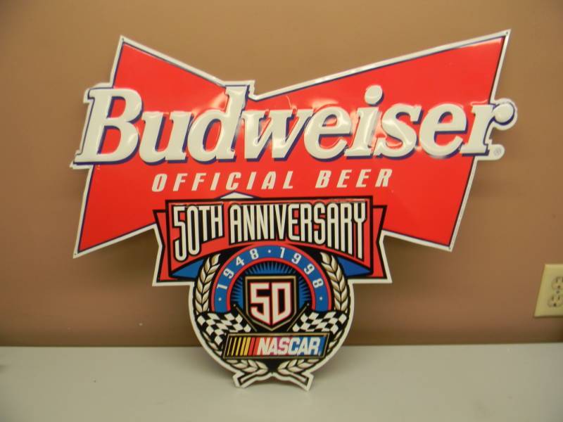 lot 49 image: BUDWEISER BEER 50TH ANNIVERSARY NASCAR TIN SIGN - SEE PICTURES