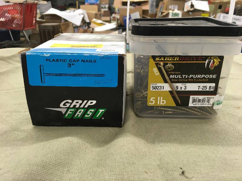 lot 103 image: Box Of Plastic Cap Nails & Box Of 9X3 Screws